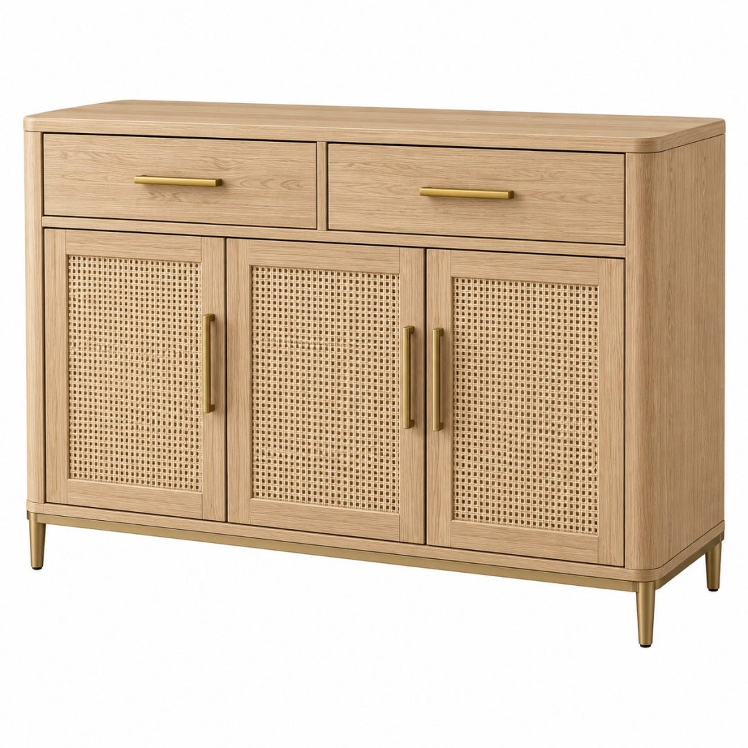 Komoda 140 x 40 x 90 cm z drewna w kolorze naturalnego dębu z rattanowymi frontami