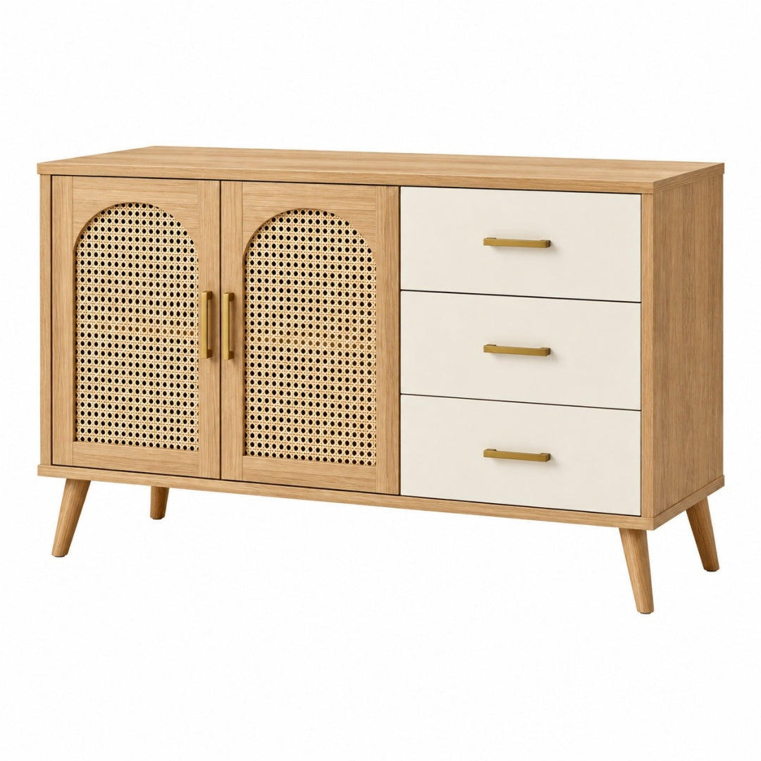 Komoda 120 x 40 x 75 cm w kolorze naturalnego dębu i kremowym z plecionymi frontami w stylu retro