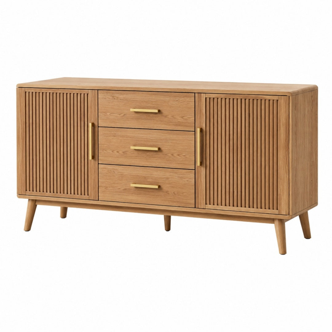 Komoda 160 x 45 x 80 cm z drewna w naturalnym kolorze dębu z ryflowanymi frontami