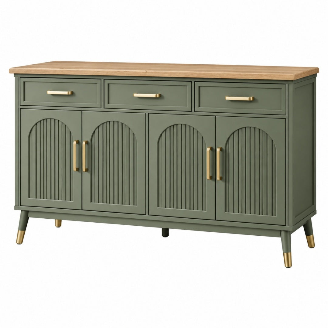 Komoda 160 x 45 x 85 cm zielona z drewnianym blatem - cztery drzwi i trzy szuflady