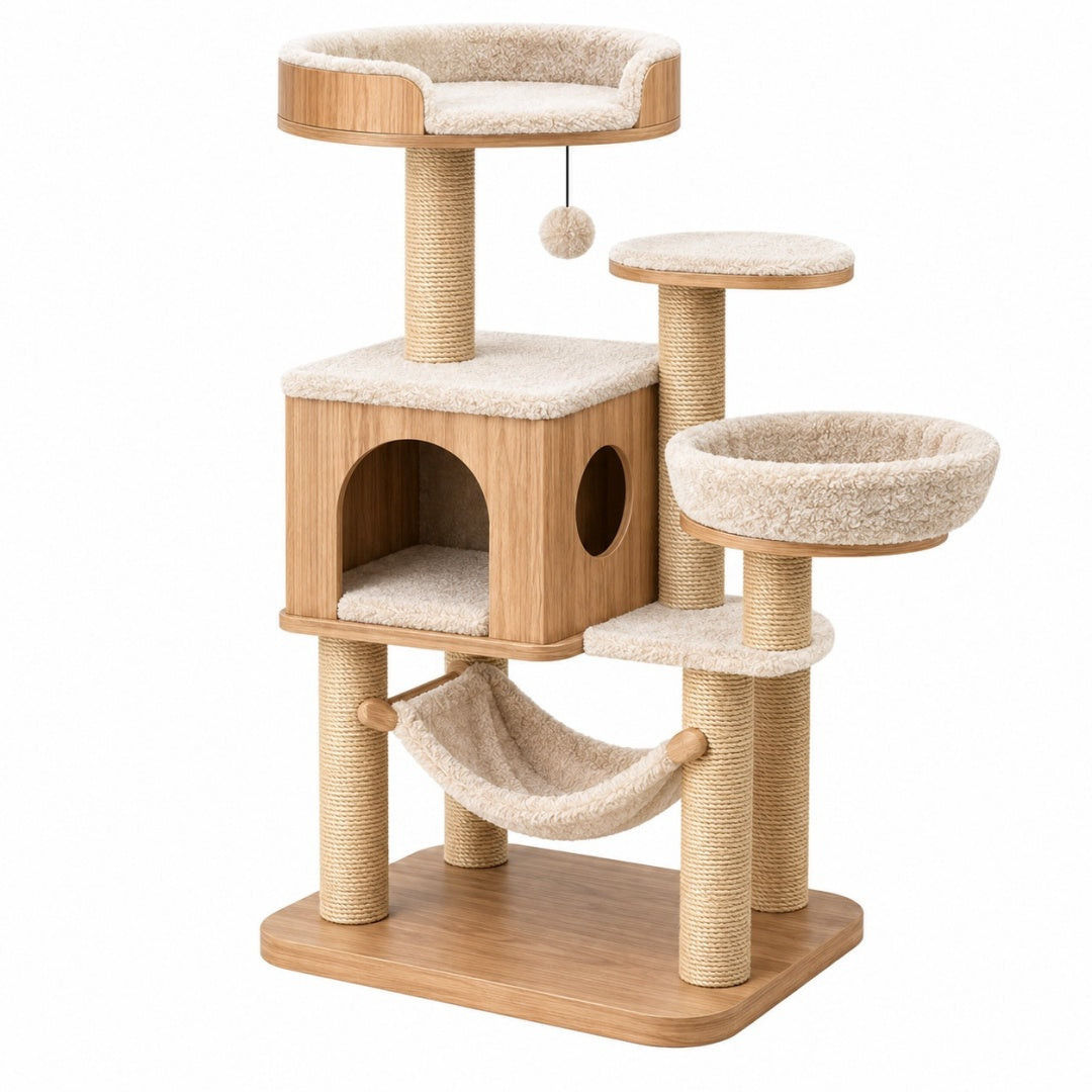 Drapak dla kota 60 x 60 x 145 cm z drewna i sizalu beżowy wielopoziomowy