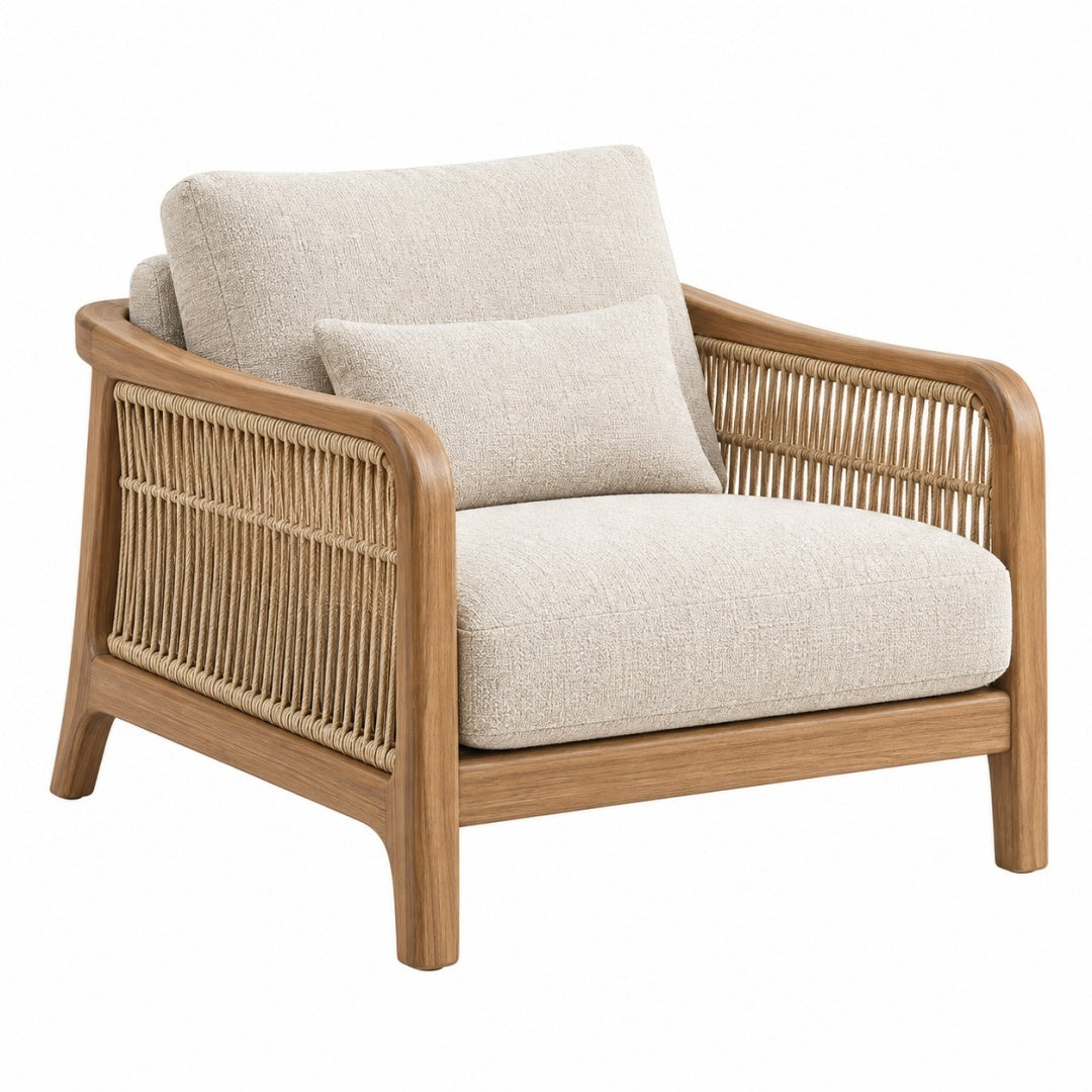 Fotel 80 x 85 x 82 cm z drewna i plecionki beżowy do salonu w stylu naturalnym