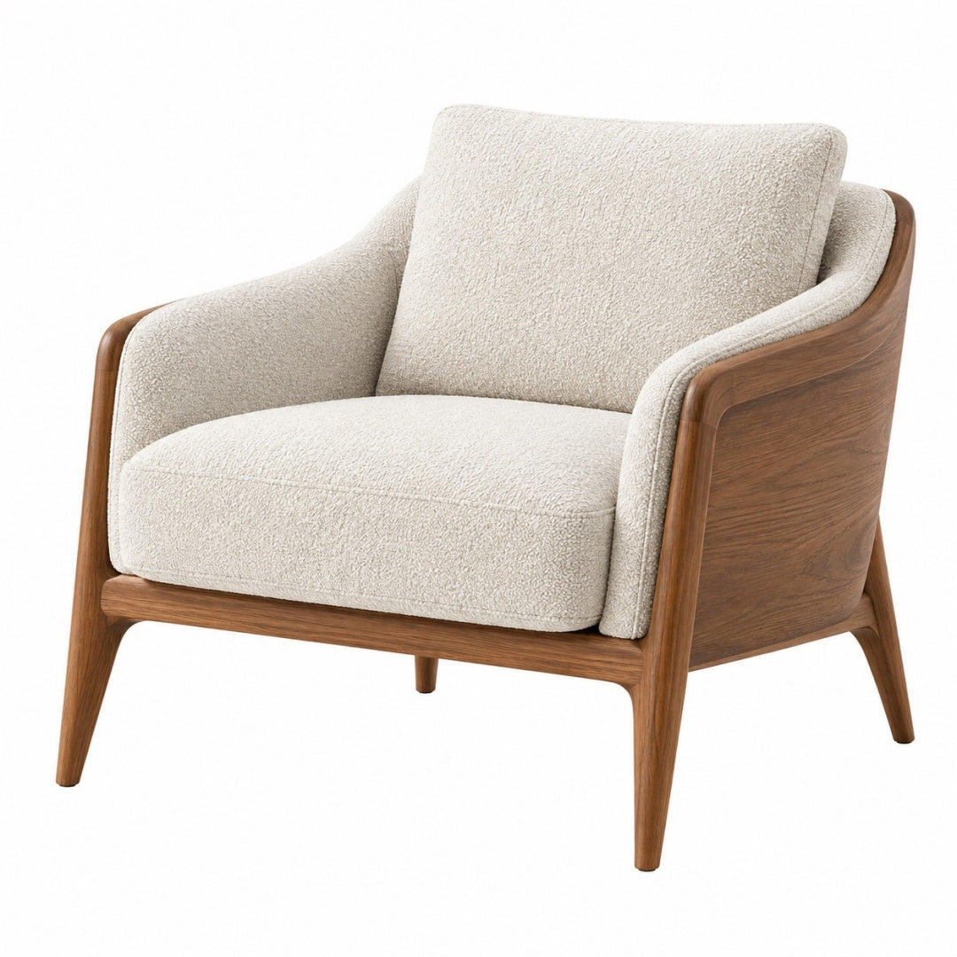 Fotel 78x82x86 cm tapicerowany boucle kremowy z drewnianą ramą do salonu