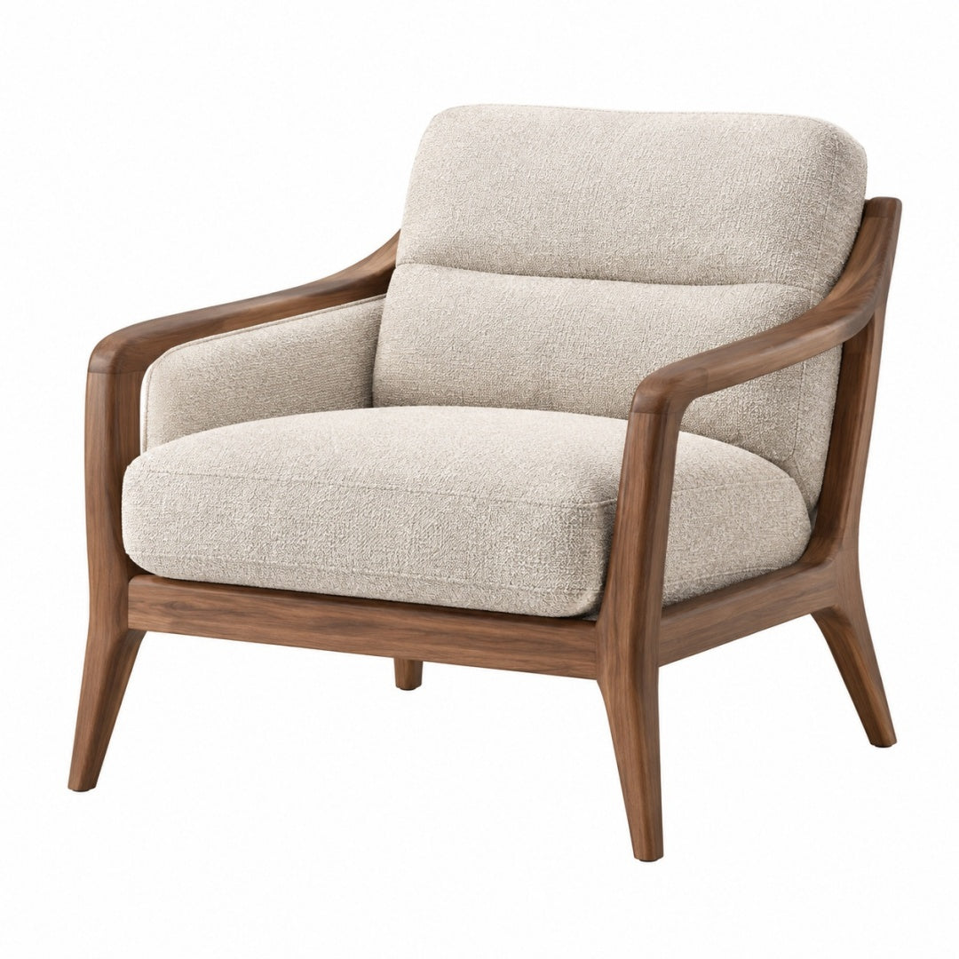 Fotel wypoczynkowy 76 x 82 x 88 cm z tkaniny bouclé beżowy z drewnianymi podłokietnikami